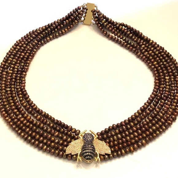 6 Row Genuine Cultured Golden Pearl Necklace with Pave Bee - Picture 2 of 11